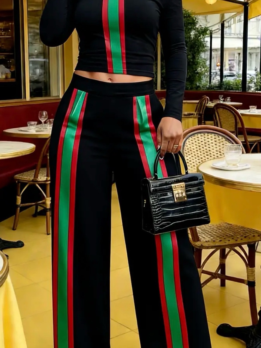 High-Waist Black Wide-Leg Pants with Red & Green Stripe and Matching Top